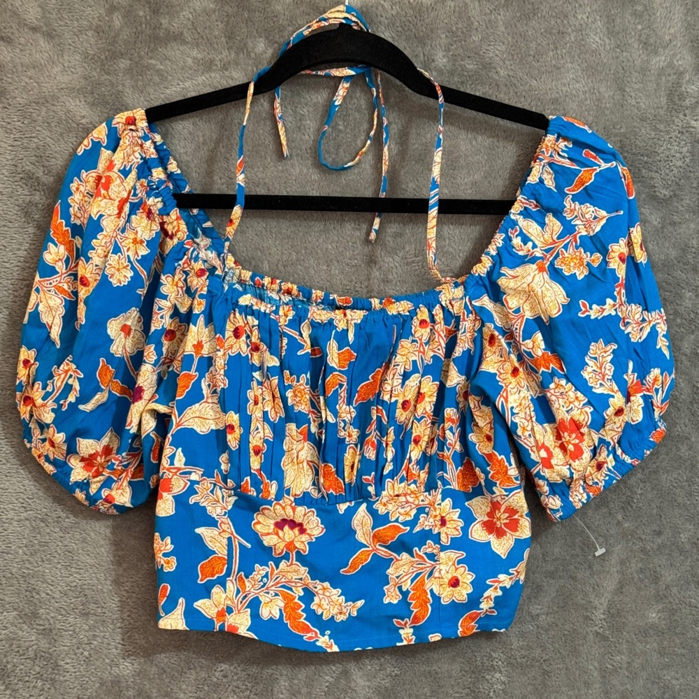 Jessica Simpson Blue Floral Smocked Puff Sleeve Boho Peasant Crop Top Medium NWT